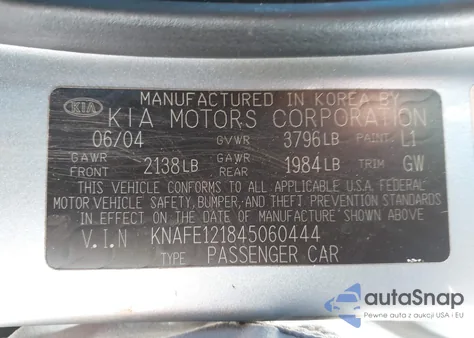 2004 Kia Spectra Ex/Lx from USA, damaged, VIN KNAFE121845060444